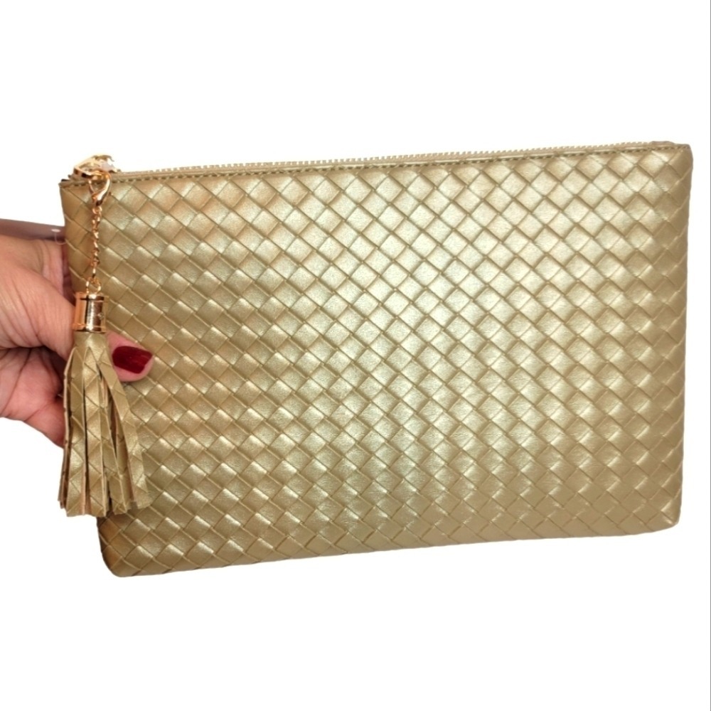 VIRGINIA WOLF Faux Leather Clutch Mini Woven Pouch‎ Gold Tassel Zip Top Make Up